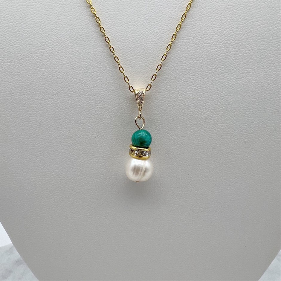 Pearl & African Jasper 'Turquoise' Gemstone Gold Plated Pendant Necklace
