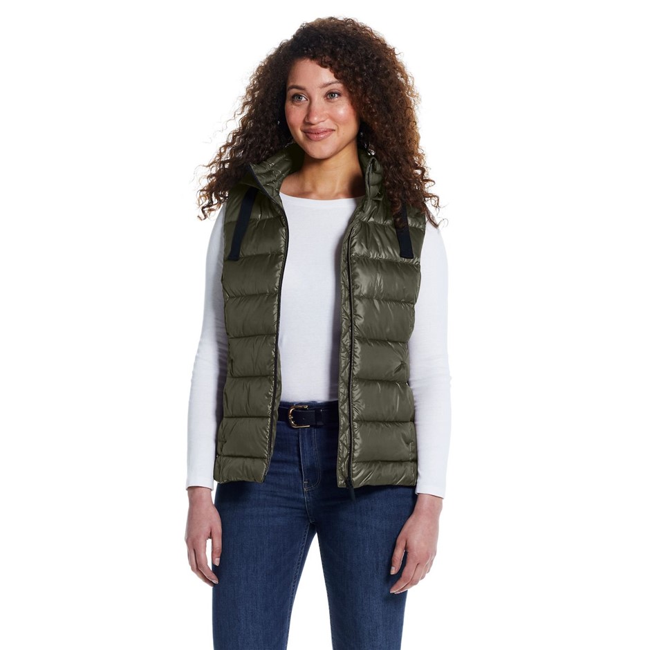 WEATHERPROOF Women's 3/4 Vest w/ Detachable Hood, Size XL, Dark Olive.