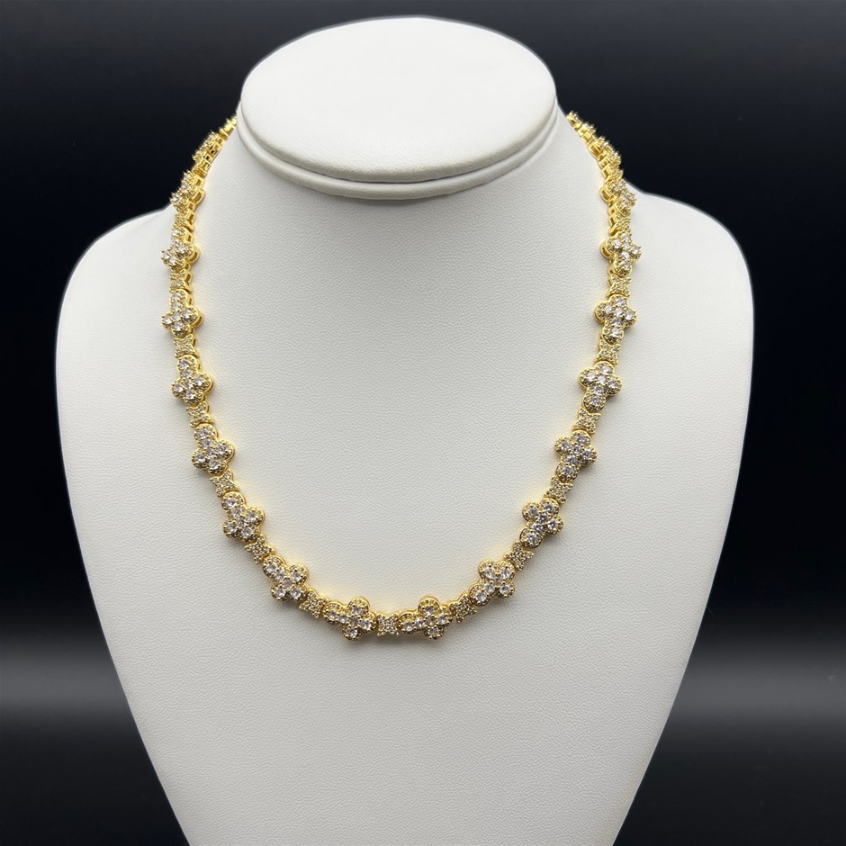 18K Gold-Filled Cross & Flower Necklace with AAA Cubic Zirconias - 55.8cm