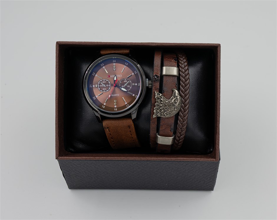 Men's Watch Gift Set w/ Leather Wrist Bracelet. Buyers Note - Discount Fre