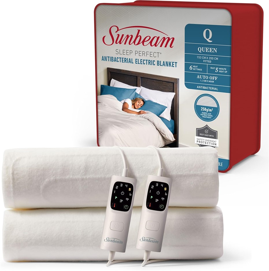 SUNBEAM Sleep Perfect Antibacterial Electric Blanket. Size: Queen. NB: Dama