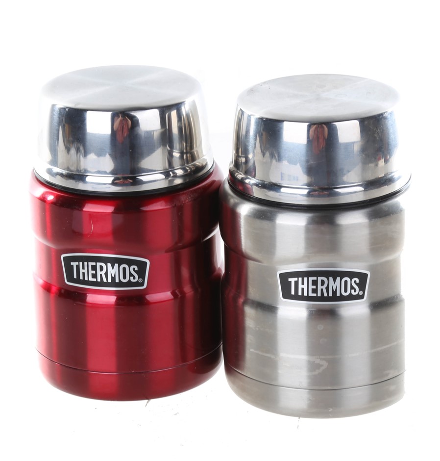 4 x THERMOS 2pk Vacuum Insulated Food Jar with Spoons, 470mL, Red & Silver.