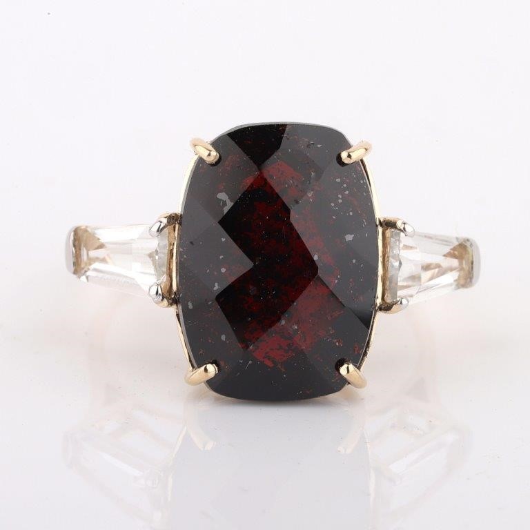 Yellow Gold Natural Garnet / Natural White Topaz Ring with Valuation