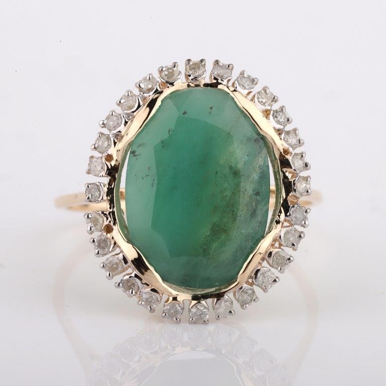 Yellow Gold Natural Emerald & Diamond Ring with Valuation