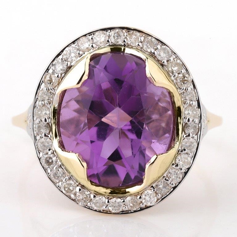 Yellow Gold Natural Amethyst & Diamond Ring with Valuation