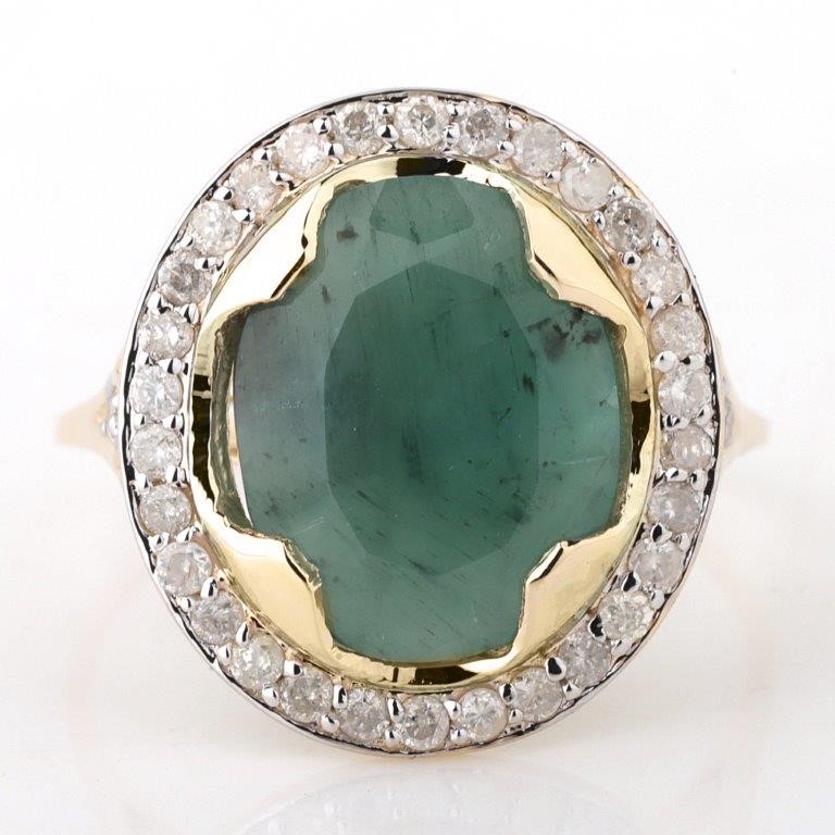 Yellow Gold Natural Emerald & Diamond Ring with Valuation