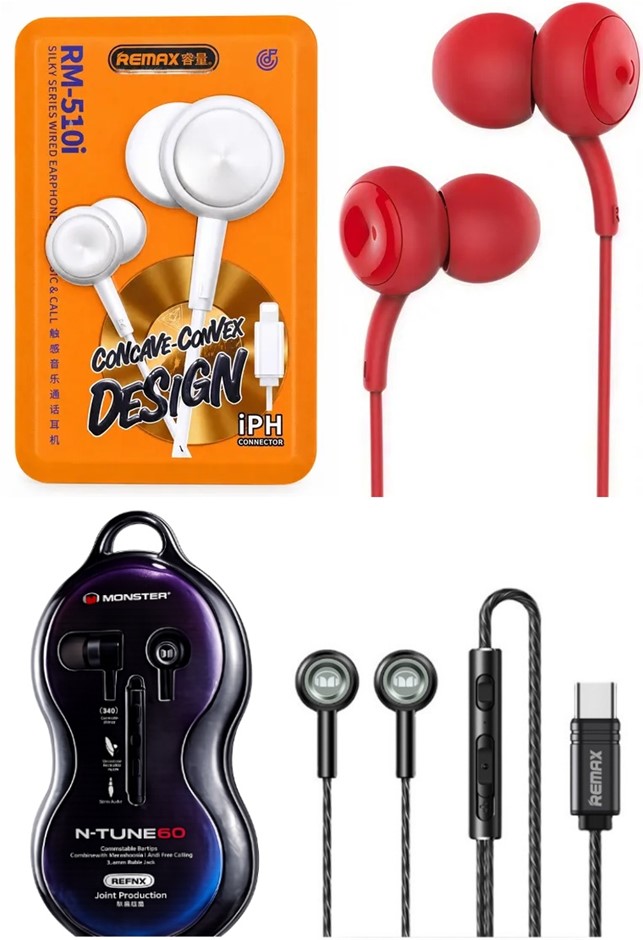 REMAX Wired Earphones Bundle: Monster RM-598A USB-C Metal Earphones, RM-510