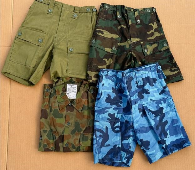 147 pcs Kids Military Clothing Bundle – 37 x Green Camo Shorts, 60 x Plain