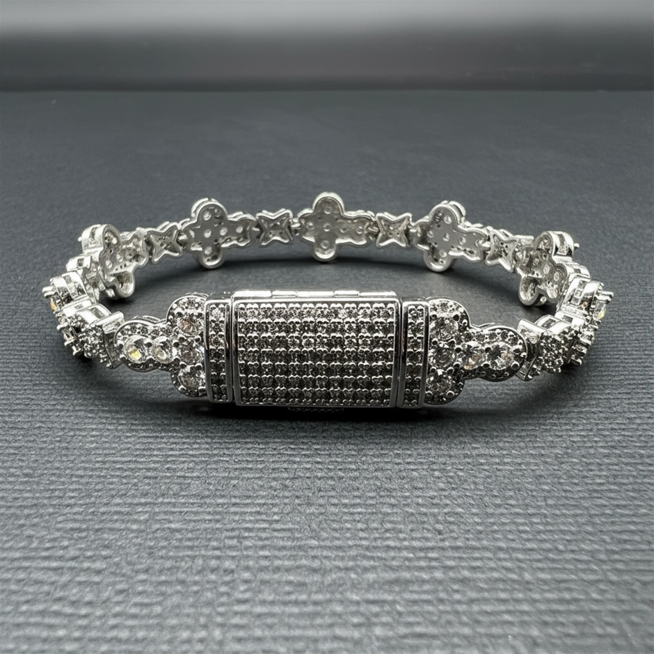18K Silver-Filled Cross & Flower Bracelet with AAA Cubic Zirconias - 22.8cm