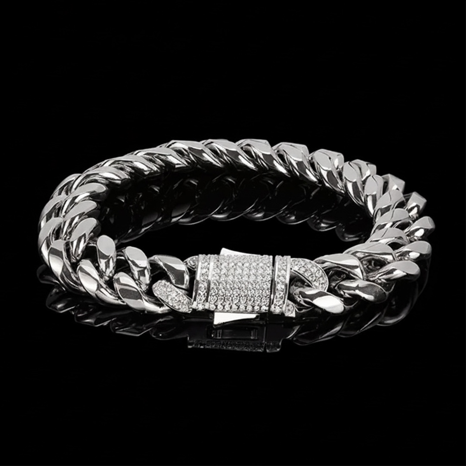 Silver-Filled Cuban Chain Bracelet with AAA Cubic Zirconias - 12MM-20.3cm