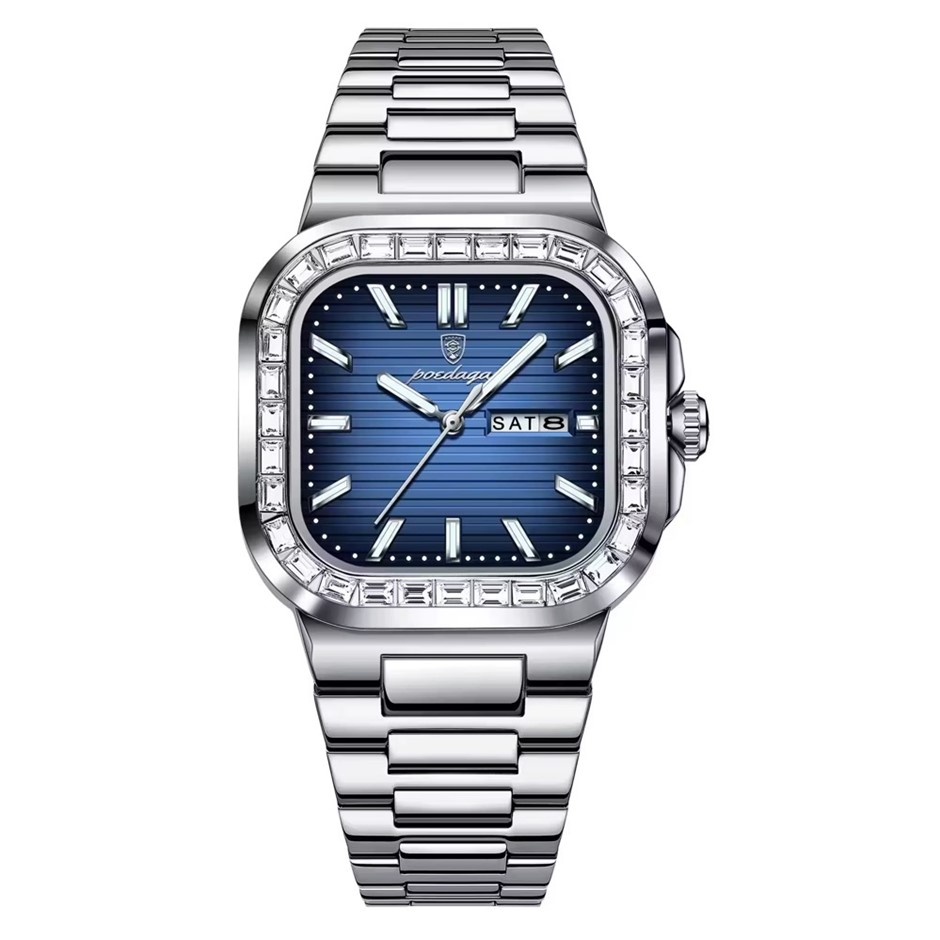 Luxury Men's Quartz Watch Square Face Stainless Steel Band, Silver/Blue