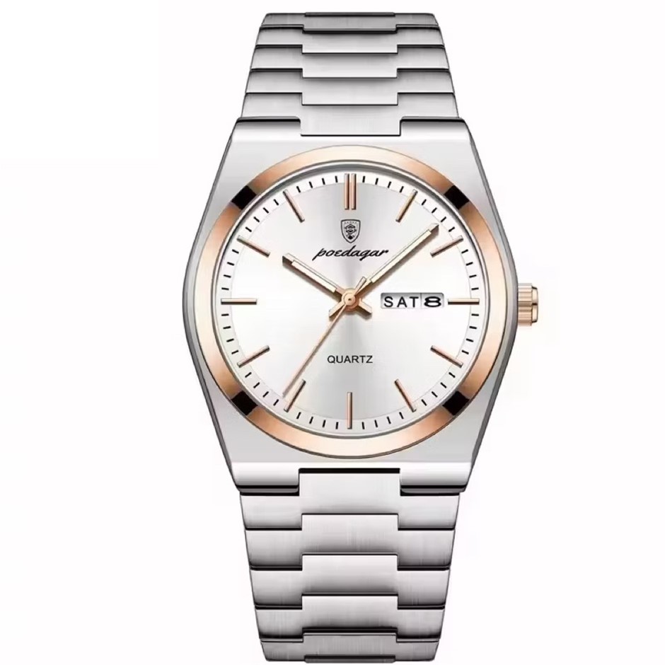 Luxury Quartz Watch Men, Calendar with Strap, Silver/Rose Gold