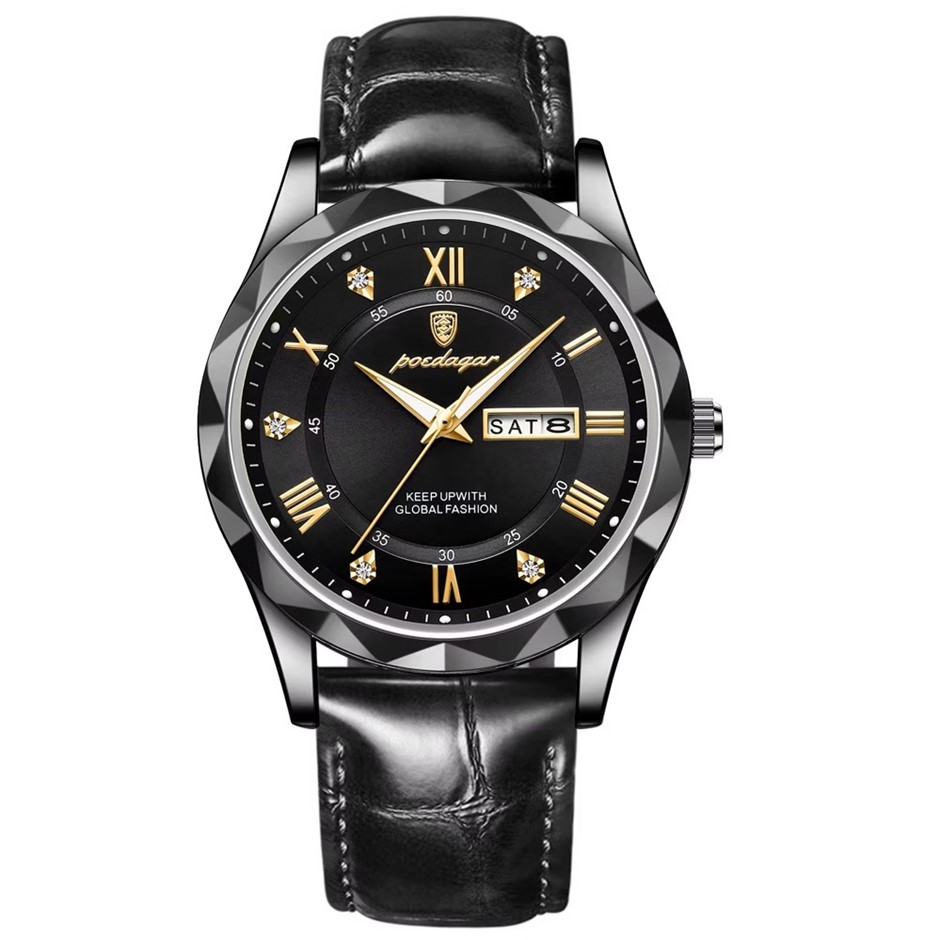 Luxury Men's Quartz Watch Date Week with Leather Strap, Black