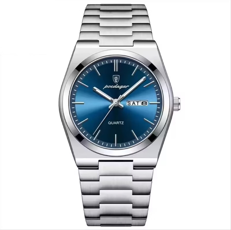 Luxury Quartz Watch Men, Calendar with Stainless Steel Strap, Silver/Blue