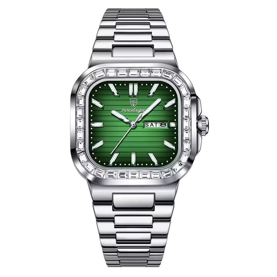 Luxury Men's Quartz Watch Square Face Stainless Steel Band, Silver/Green