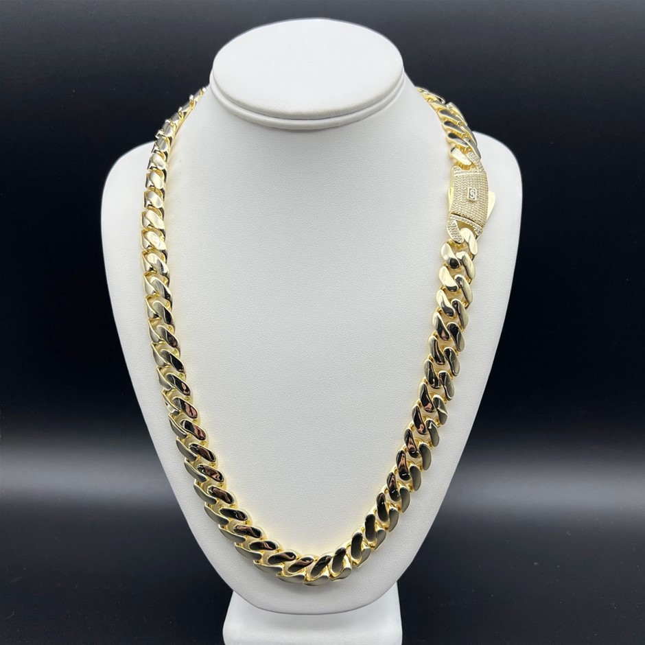 14K Gold-Filled Solid Cuban Necklace, AAA Cubic Zirconias,15MM Wide-60.9cm