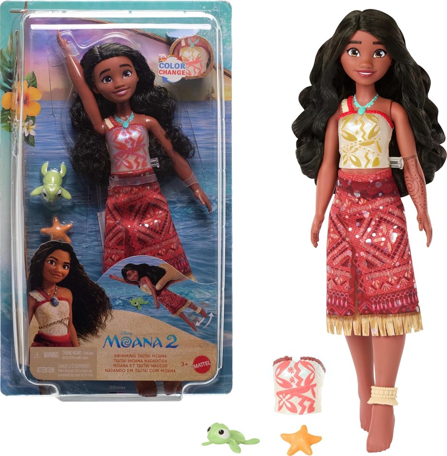 2 X MATTEL Disney Princess Moana 2 Toys, Swimming Tautai Moana Fashion Doll