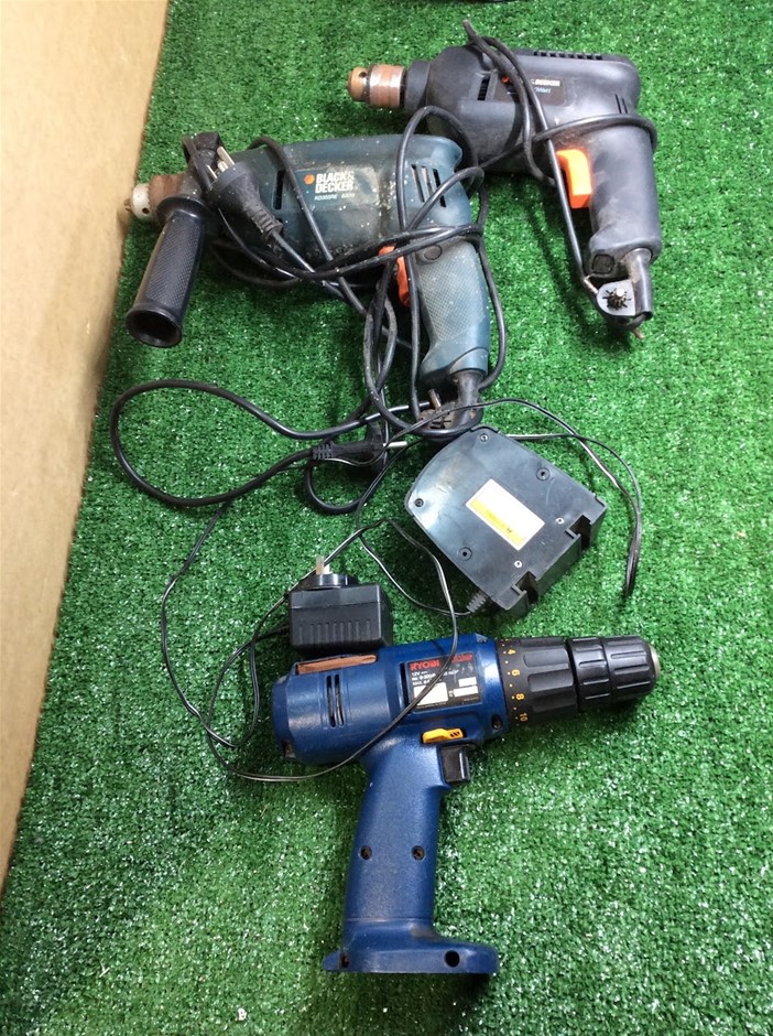 Mixed Power Tools (Black+Decker Drill, Ryobi Cordless Drill)