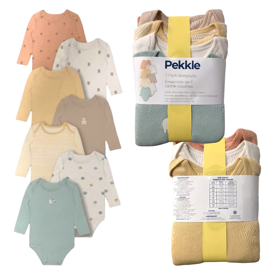 PEKKLE 7-Pack Baby Bodysuits, Size 6m (00), Unisex. Buyers Note - Discount