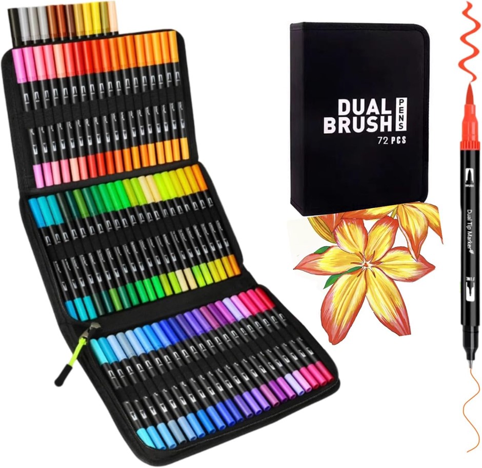 DODOWLY Dual Brush Markers Pens, 72 Artist Coloring Marker Set. NB: No box.