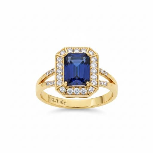 18K/Italy 8.0ct Blue Emerald Cut Yellow Gold Filled Ring(stamped)-8US