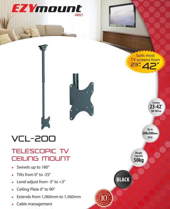EZYMOUNT Telescopic TV Ceiling Mount 23-42 Inch Weight Capacity 50kg