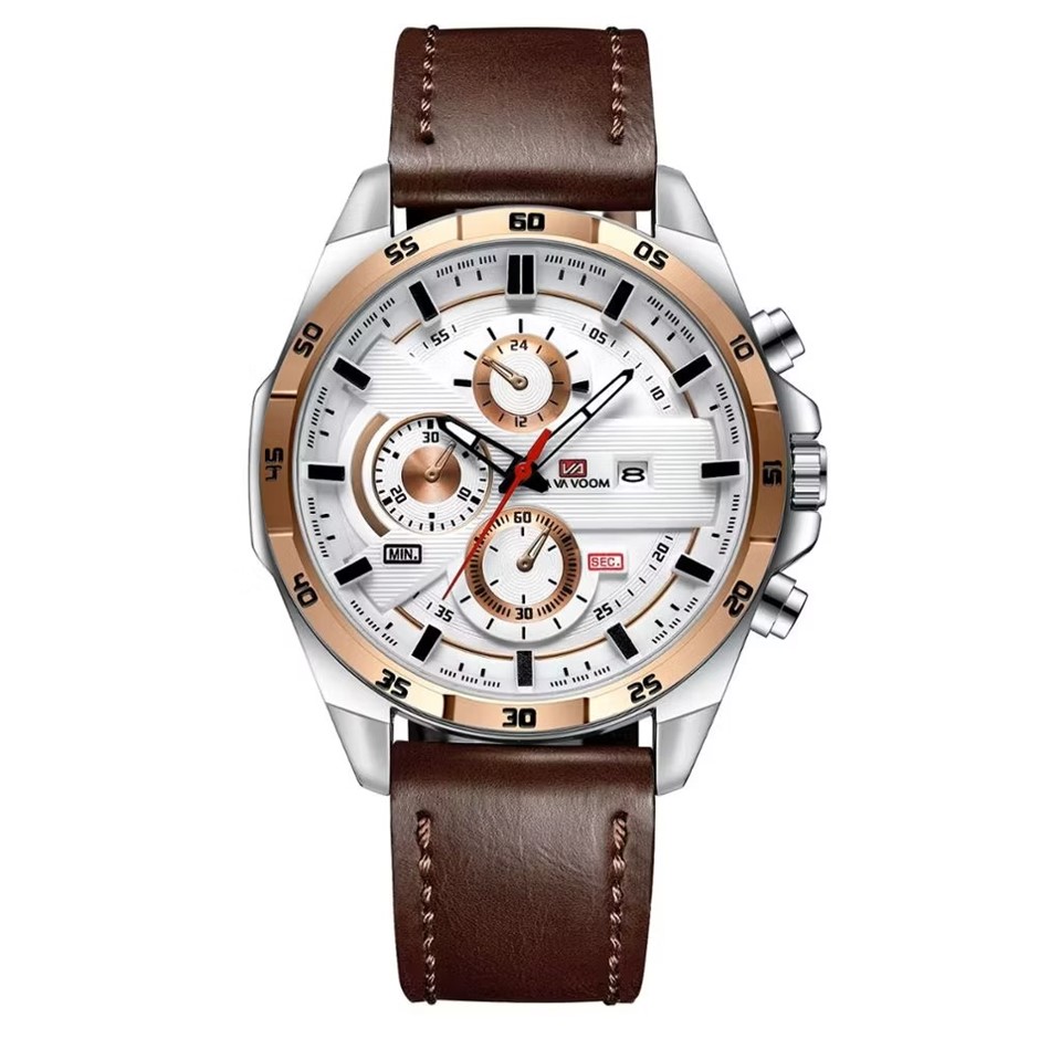 Multifunctional Water Resistant Fashion Watch for Men, Brown/White/RoseGold