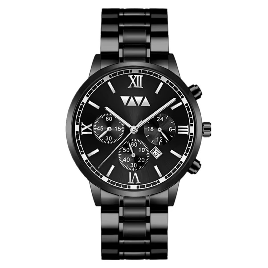 Men's Fashion Calendar Luxury Stainless Steel Watch - Black/Silver