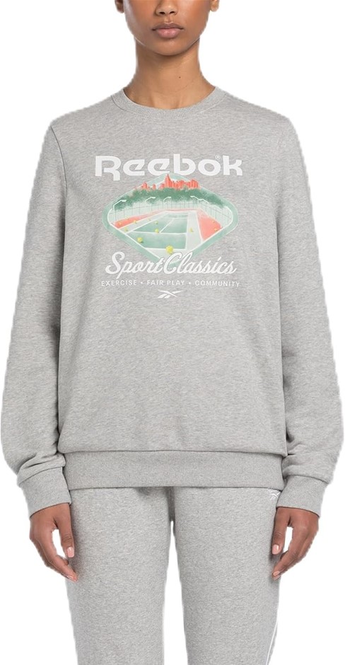 REEBOK Women's Court Sport FT Crew Sweatshirt, Medium, Medium Grey Heather