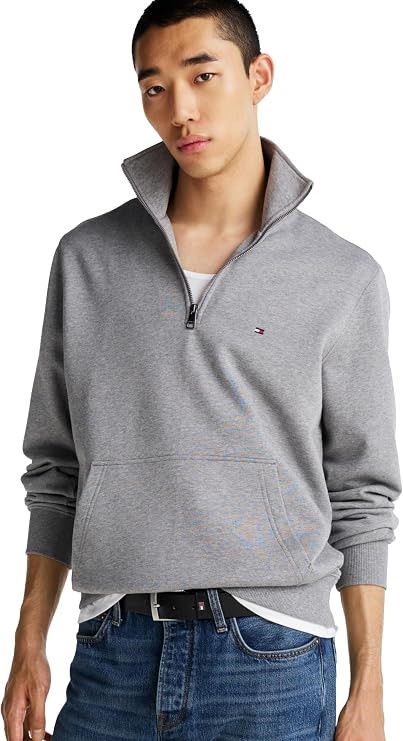 TOMMY HILFIGER Men's Essential Terry 1/4 Zip Sweater, Medium Grey Heather,