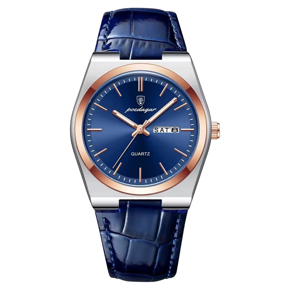 Luxury Quartz Watch for Men with Leather Strap, Silver/Rose Gold/Blue