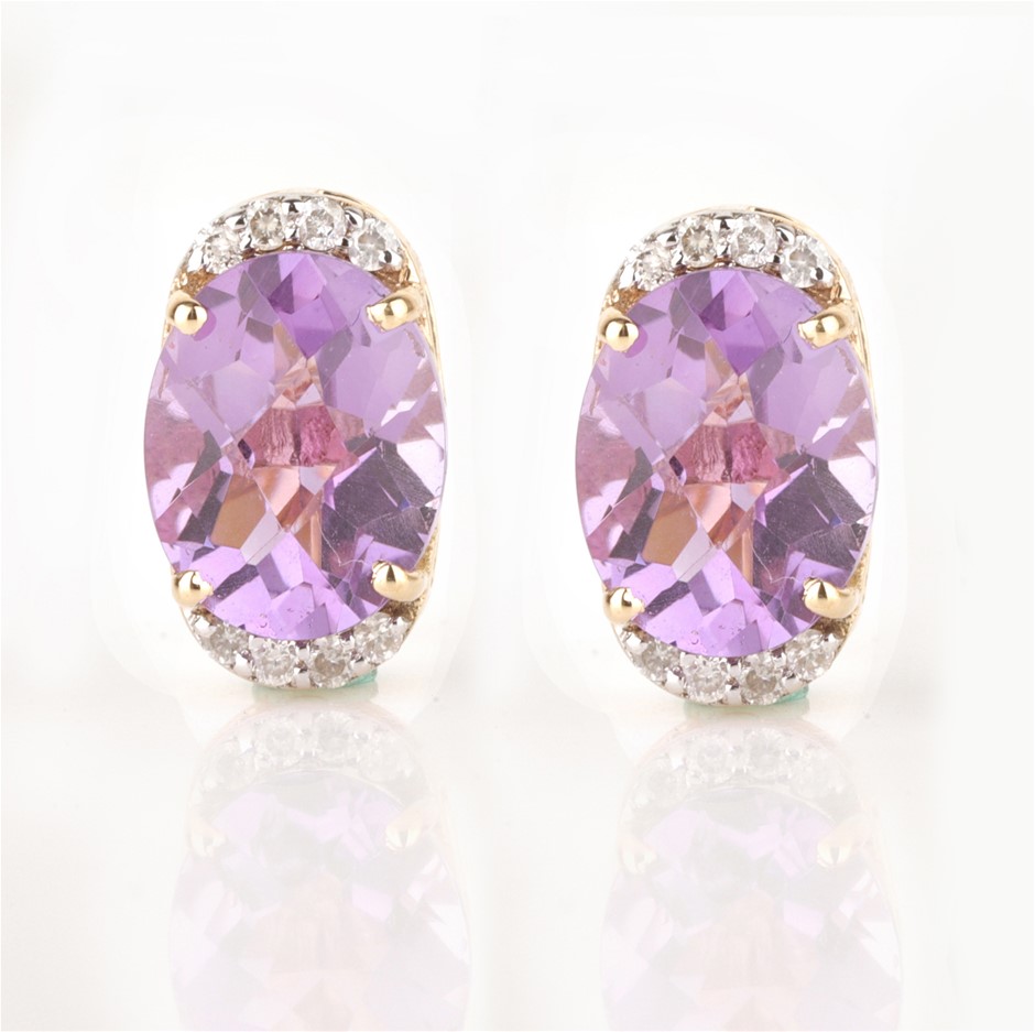 Yellow Gold Natural Amethyst & Diamond Earrings with IGI valuation