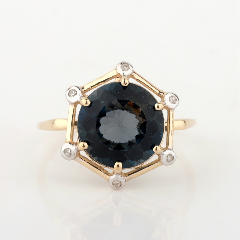 Yellow Gold Natural London Blue Topaz & Diamond Ring  with IGI valuation