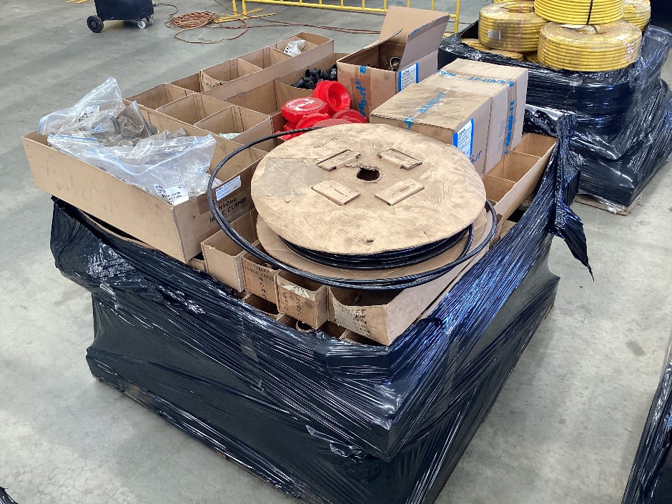 <p>Pallet containing large assortment of pvc  air hose, hose clamps, pipe f