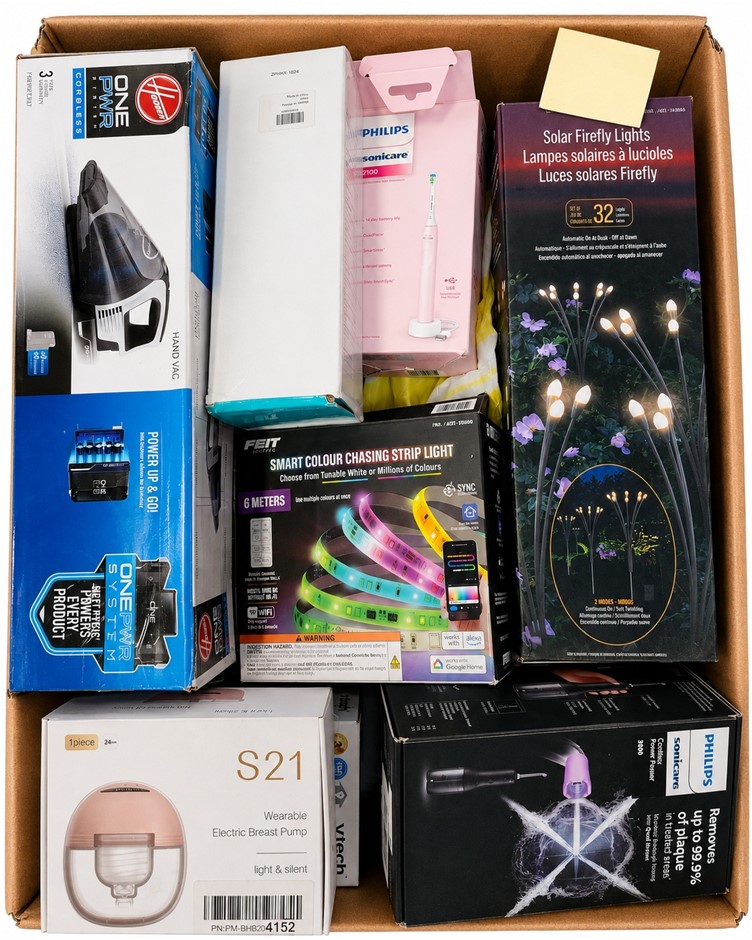 BOX OF ASSORTED ELECTRONICS: HOOVER ONEPWR Hand Vacuum, PHILIPS Sonicare To