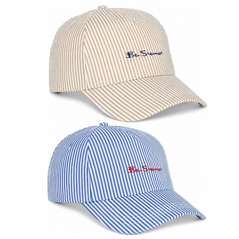 2 x BEN SHERMAN Men's Seersucker Cap, One Size, Blue & Cream
