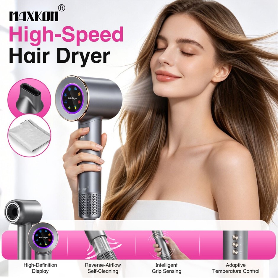 Maxkon Professional Ionic Hair Dryer 1600W 5 Heat Settings Grey
