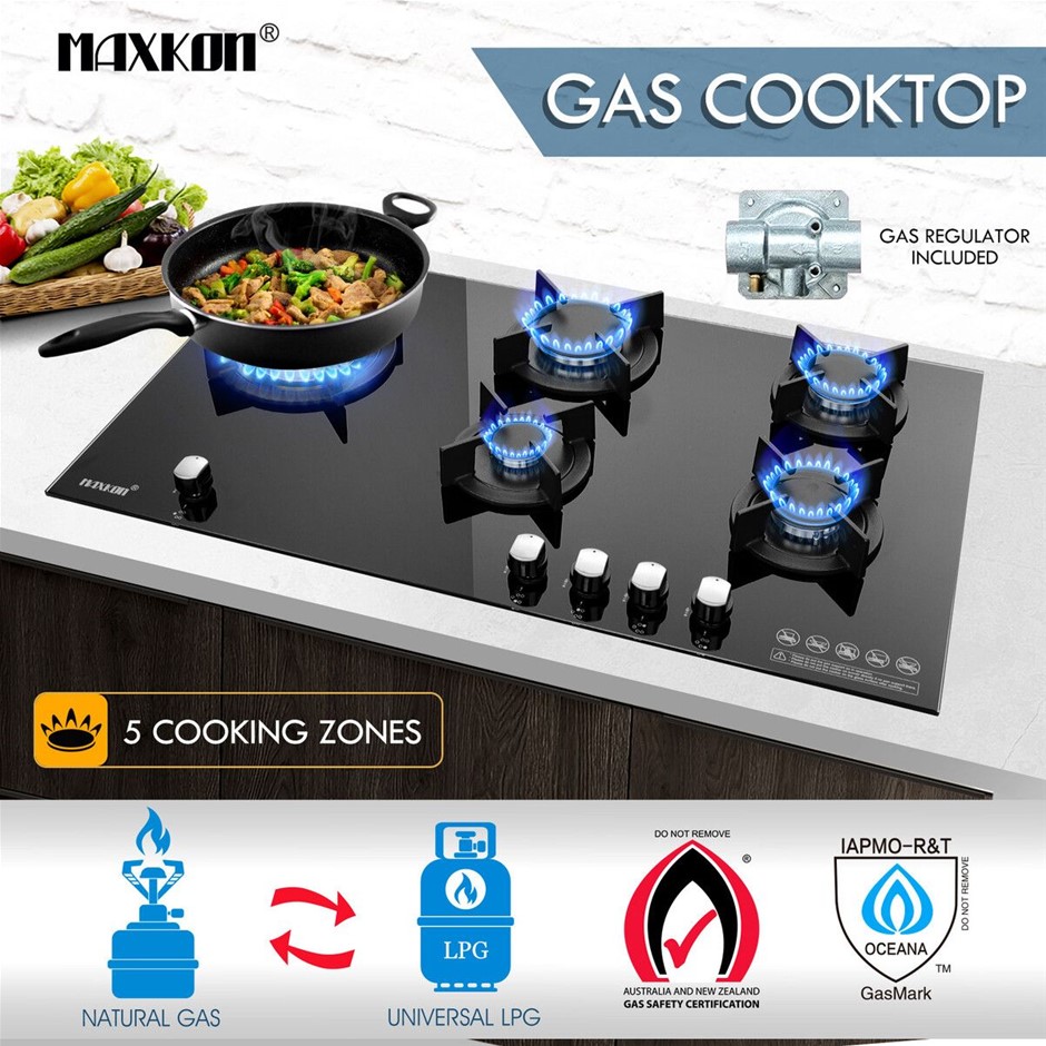 Maxkon 87cm 5 Burner Gas Cooktop LPG NG Black Glass Surface