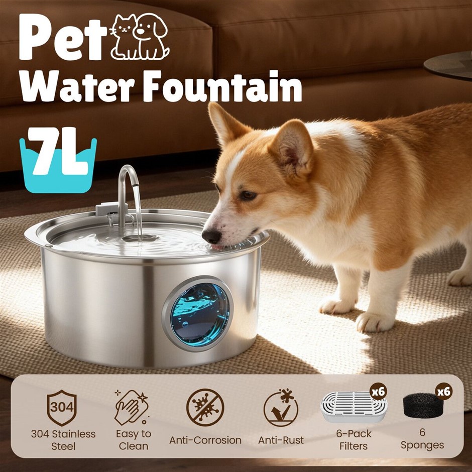 7L Stainless Steel Automatic Pet Water Fountain with LED & Filter