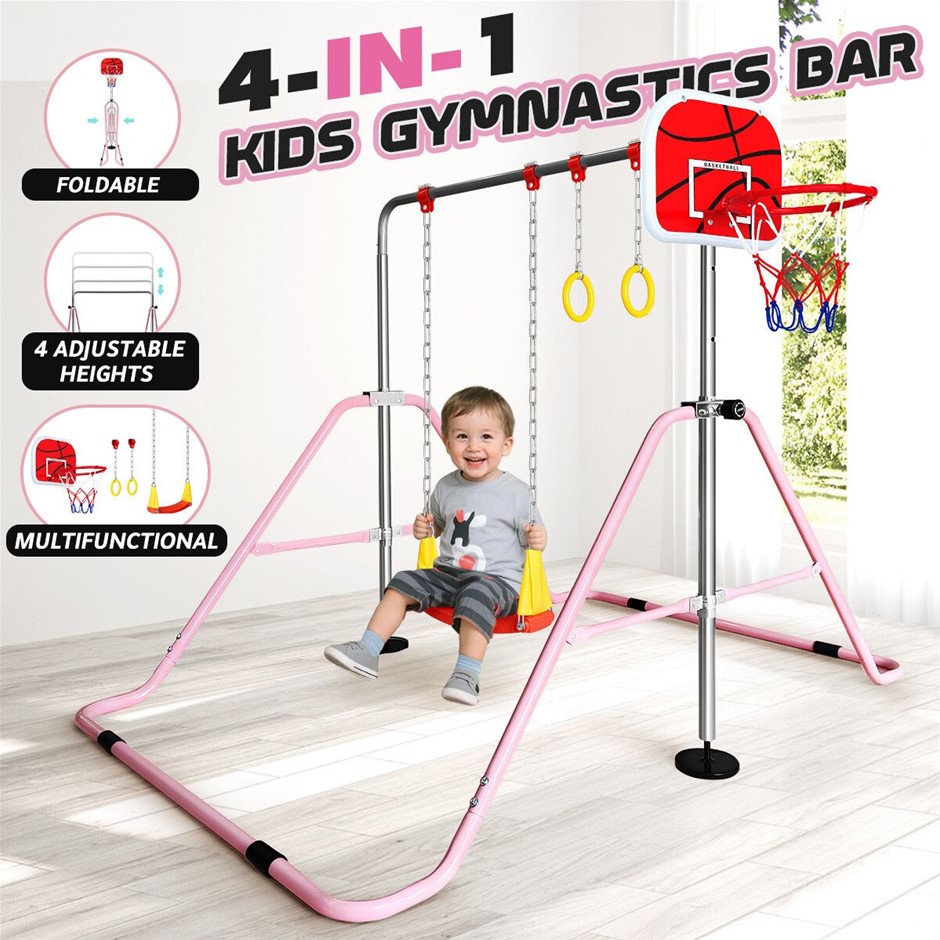 Kids 4in1 Gymnastics Bar w/ Swing Rings Basketball Hoop Foldable Adjustable