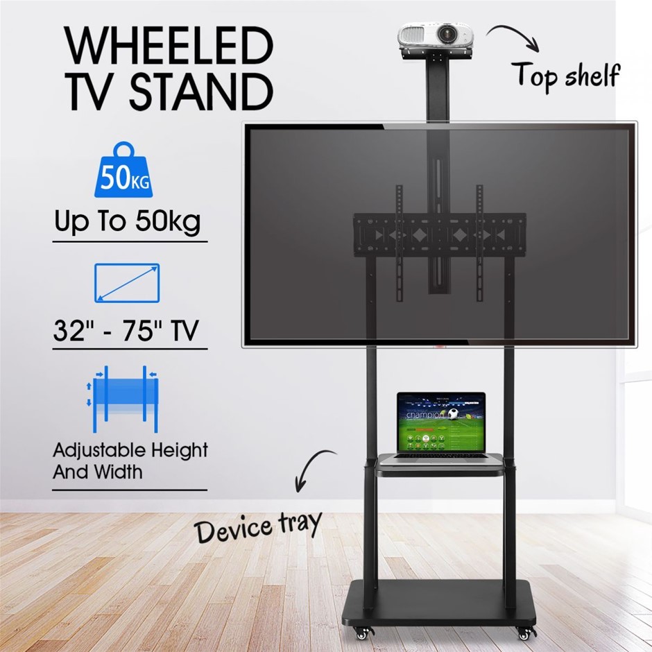 32-75" Mobile TV Stand Trolley with Storage Shelf Adjustable Wheels