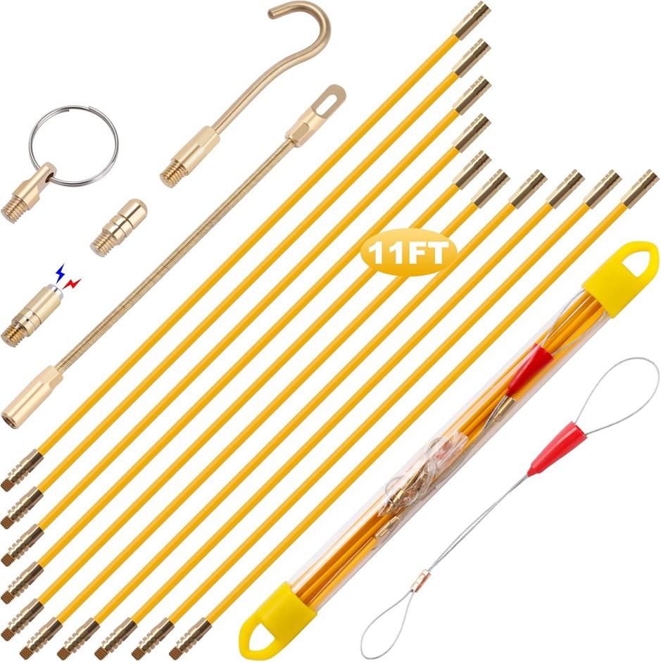 11' Fiberglass Running Electrical Wire Cable Pulling Fish Tape kit with 5 D
