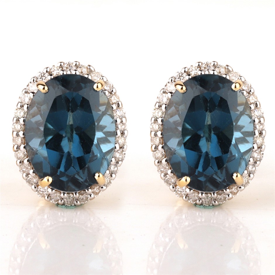 Yellow Gold Natural London Blue Topaz & Diamond Earrings with IGI valuation
