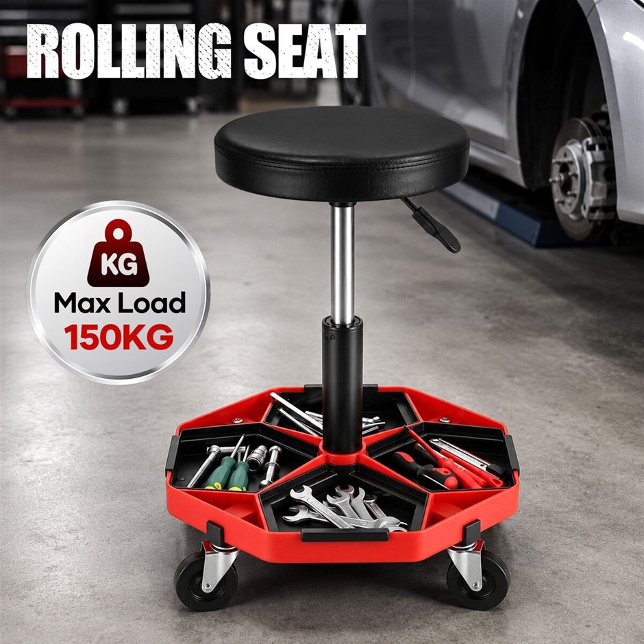 Swivel Mechanic Work Stool with Wheels Tool Tray Height Pneumatic Red