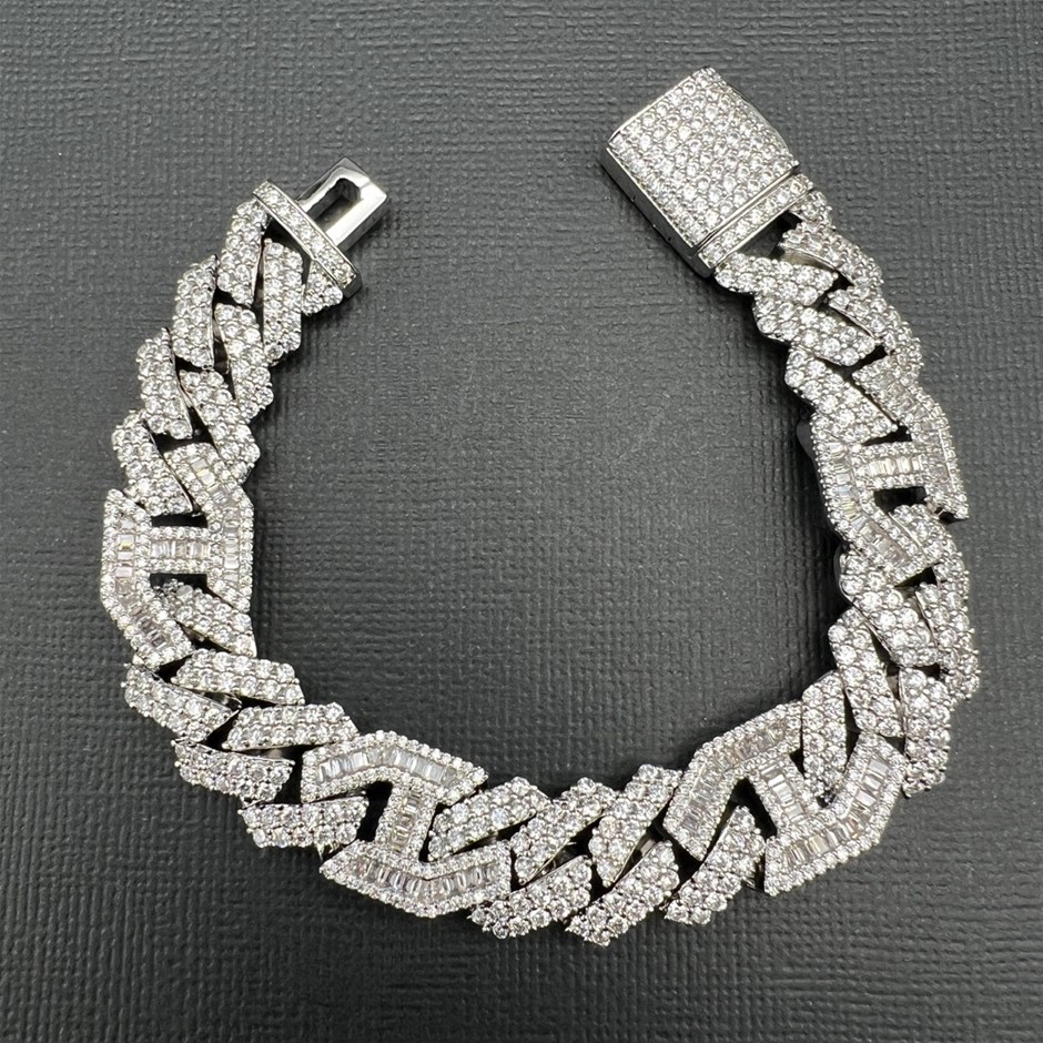 18K White Gold-Filled Cuban Bracelet with AAA Cubic Zirconia's - 20.3cm