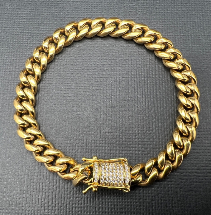 18K Gold-Filled Cuban Bracelet with AAA Cubic Zirconia Clasp, 8MM - 19cm