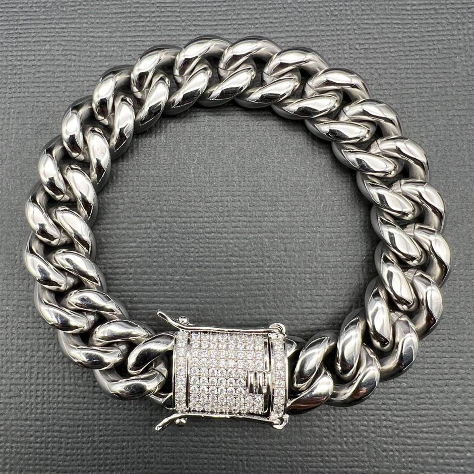 Silver-Filled Cuban Bracelet AAA Cubic Zirconia Clasp, 12MM - 20.3cm