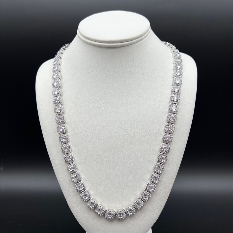 18K White Gold -Filled Clustered Chain Necklace AAA Cubic Zirconias-60.9cm