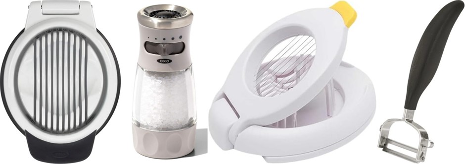 Kitchen Items Bundle: 2 x Egg Slicer, 1 x Peeler, & 1 x Salt Grinder