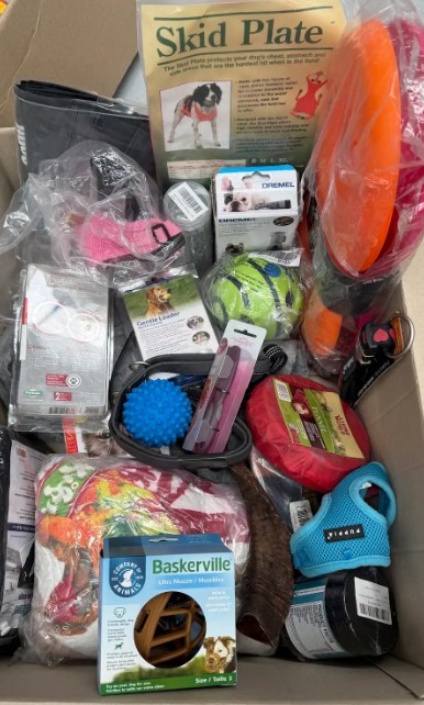 Assorted Box of Pet Products incl: Muzzle, harnesses, bedding and more. NB: